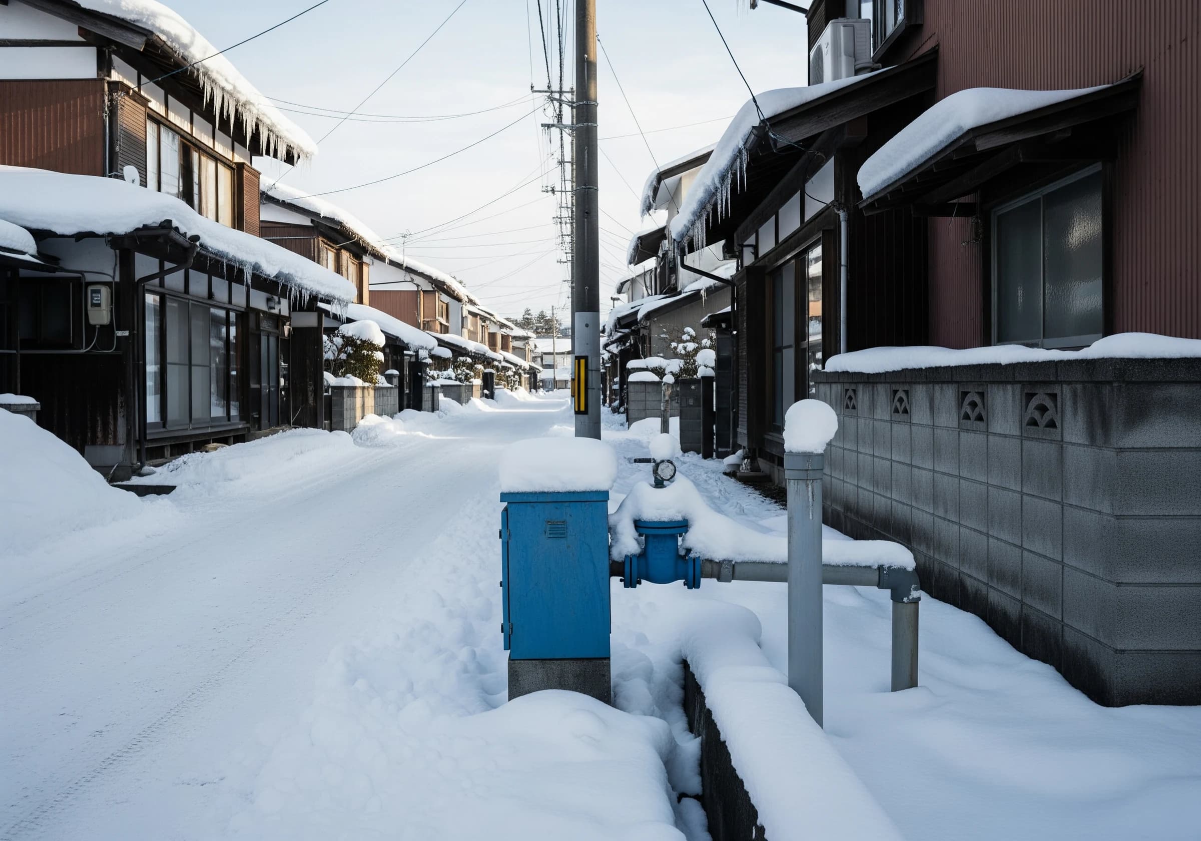雪に覆われた住宅街の水道メーターボックス