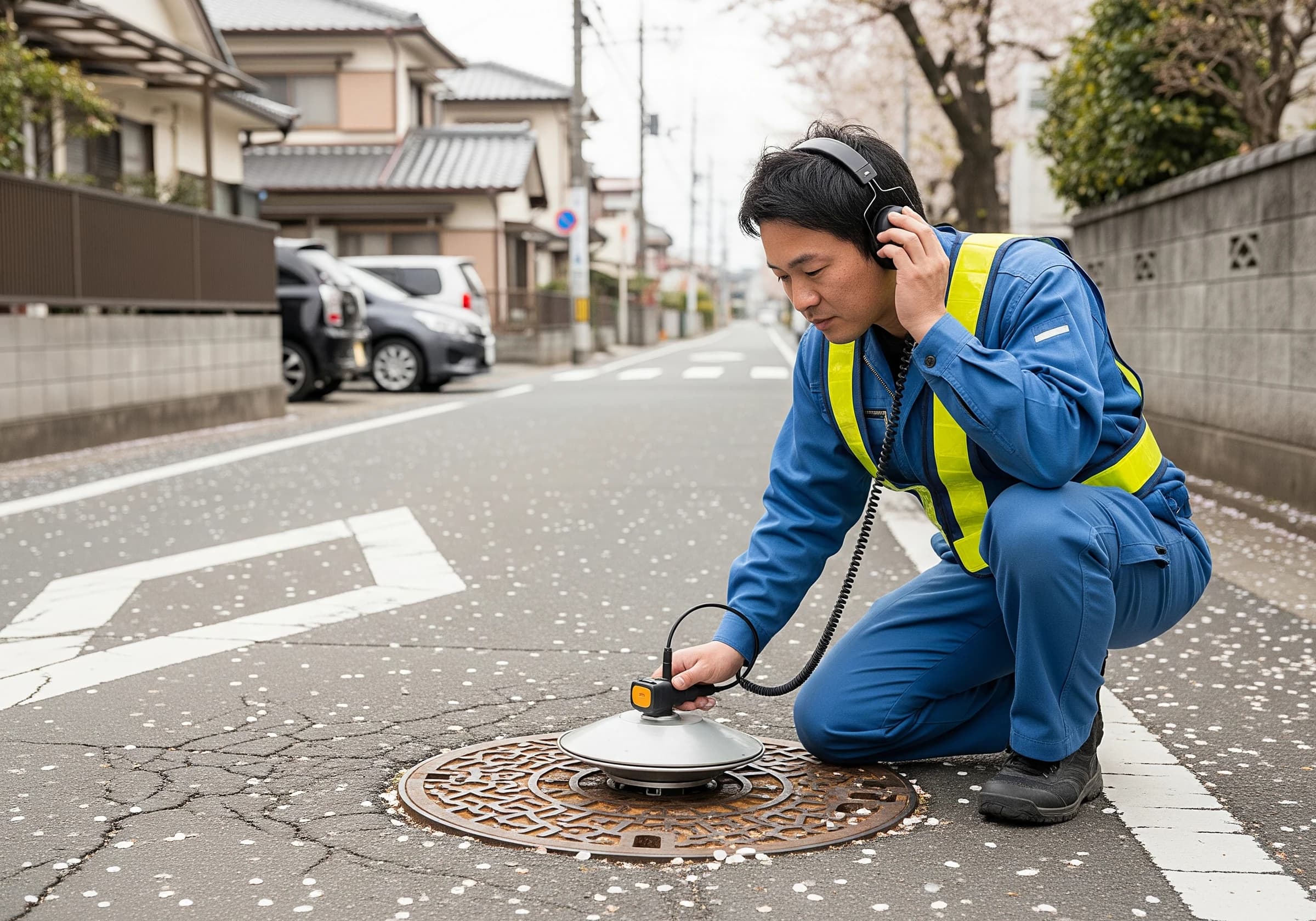 リスニング機器で漏水音を調べる様子