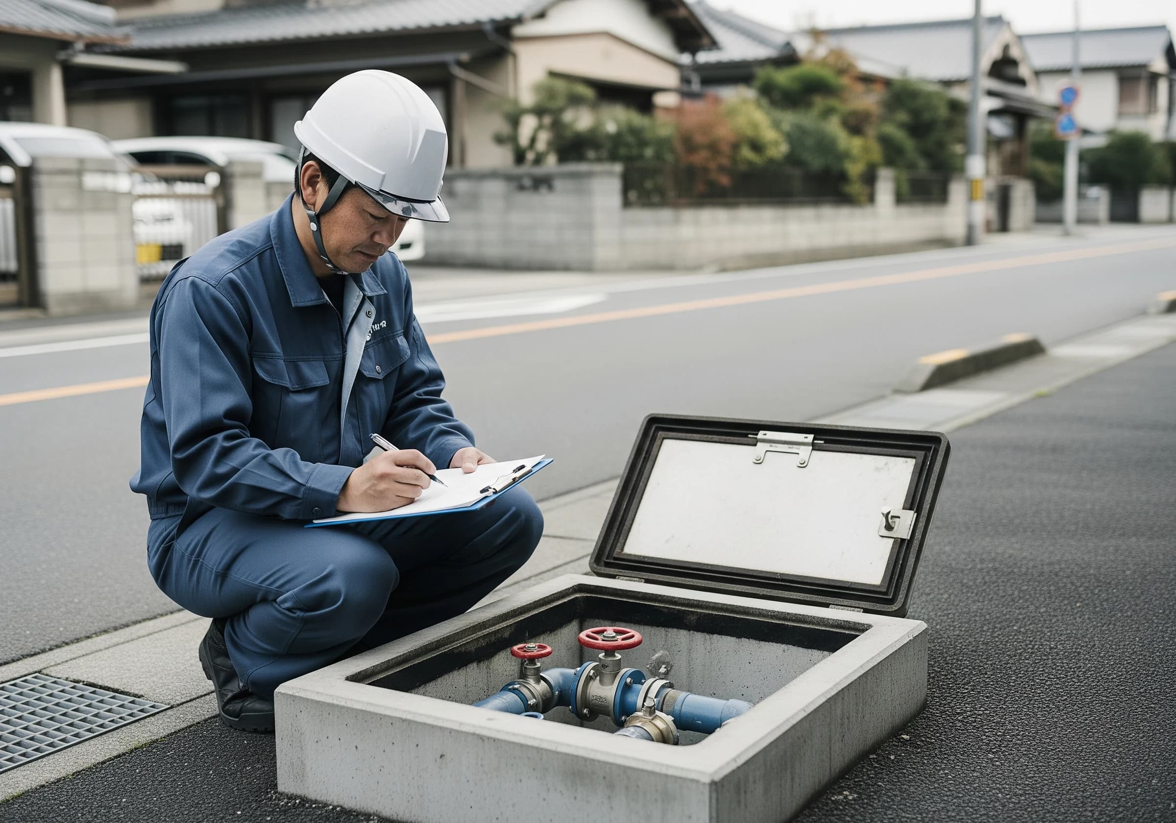 自宅で水道メーターを確認する様子