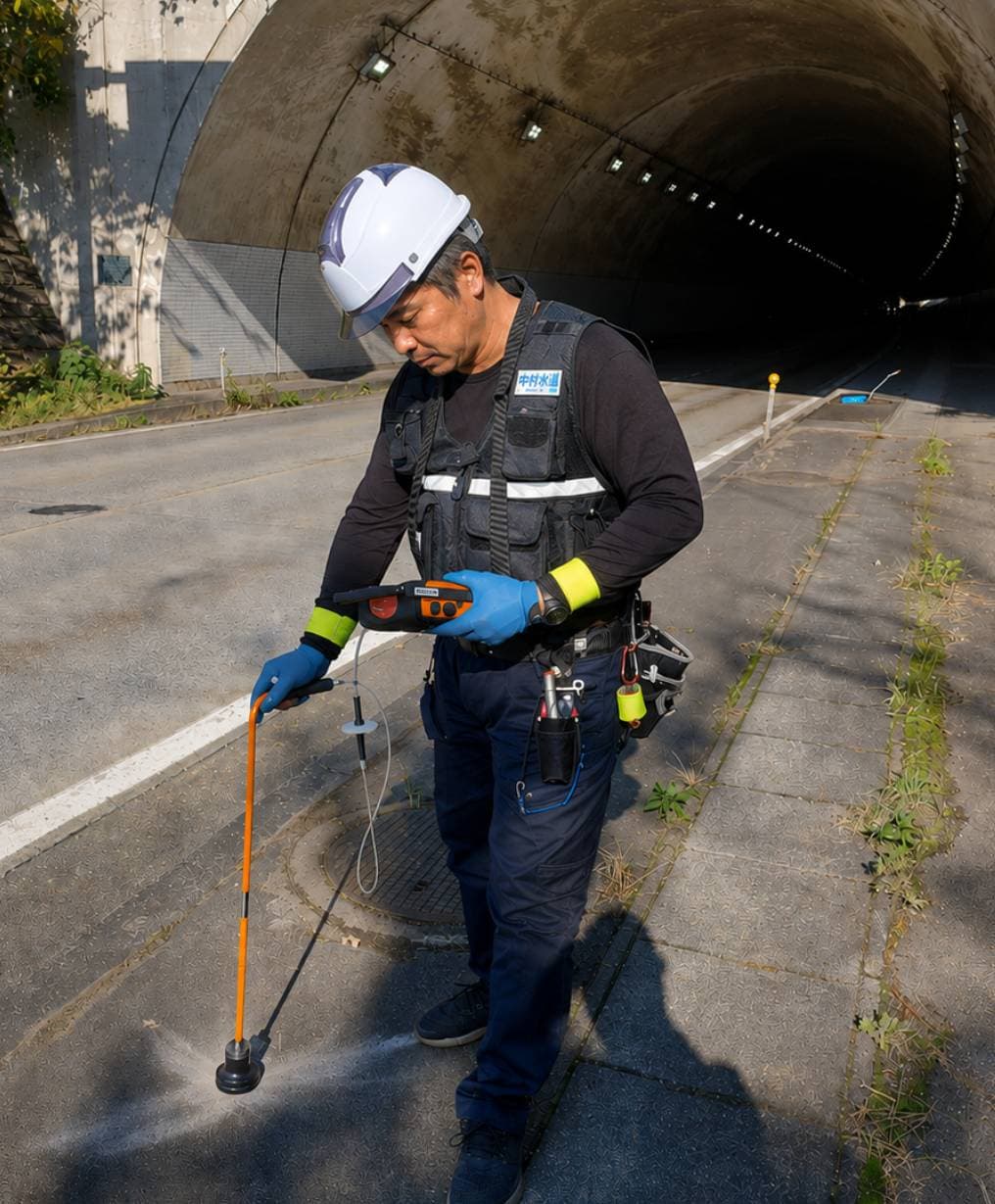 トンネル坑口前で漏水調査機器を使う技術者